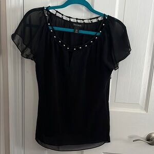 White House Black Market Black Embellished Puff Sleeve Blouse